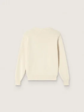 Goldfarbener Mädchenpullover aus weißem Baumwollgarn mit Maskottchen-Stickerei