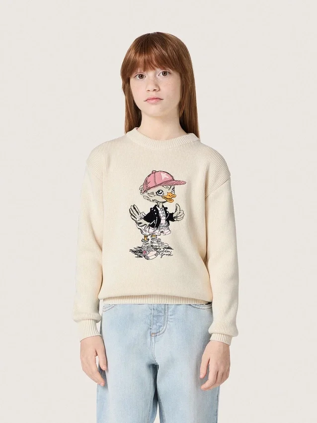 Goldfarbener Mädchenpullover aus weißem Baumwollgarn mit Maskottchen-Stickerei