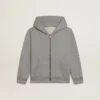 Graues Melange-Kapuzensweatshirt mit Aufdruck auf der Rückseite