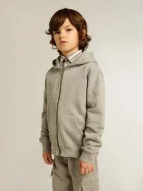 Graues Melange-Kapuzensweatshirt mit Aufdruck auf der Rückseite