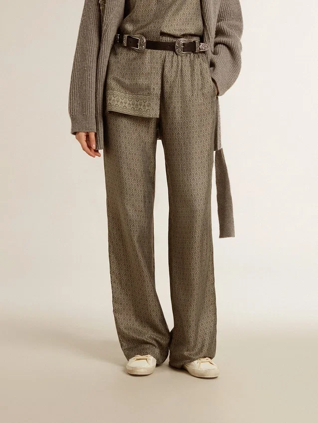 Grüne Damenhose aus einer Viskose-Seiden-Mischung mit Blumenmuster