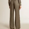 Grüne Damenhose aus einer Viskose-Seiden-Mischung mit Blumenmuster