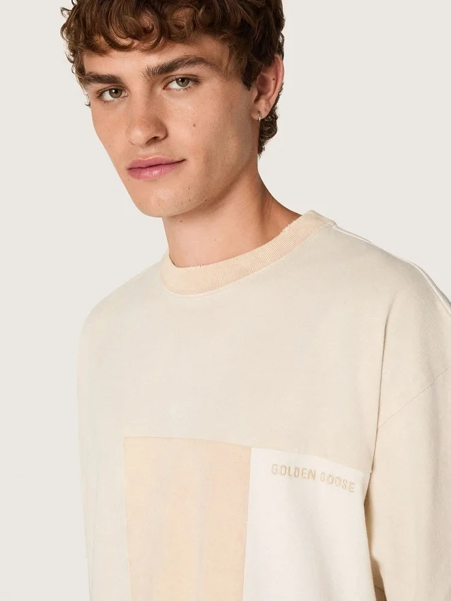 Herren-Hemd aus Baumwolljersey mit weiß-beigem Patchwork-Effekt