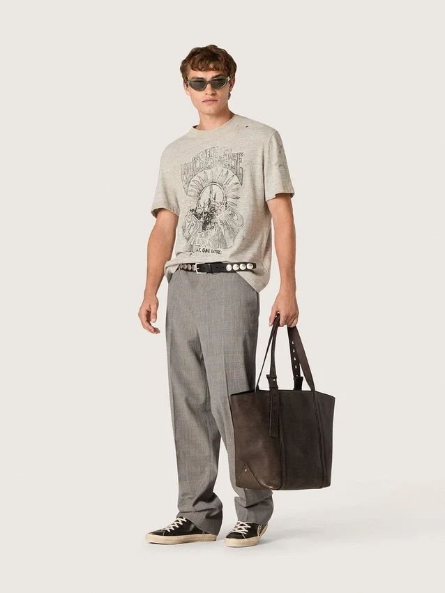 Herren-Hemd aus grau meliertem Jersey mit Vintage-Print