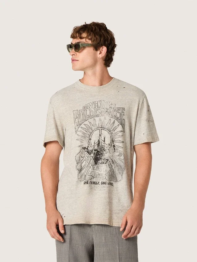 Herren-Hemd aus grau meliertem Jersey mit Vintage-Print