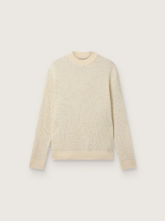 Herren-Pullover mit Rundhalsausschnitt aus weißer Merinowolle mit durchgehenden Kristallen