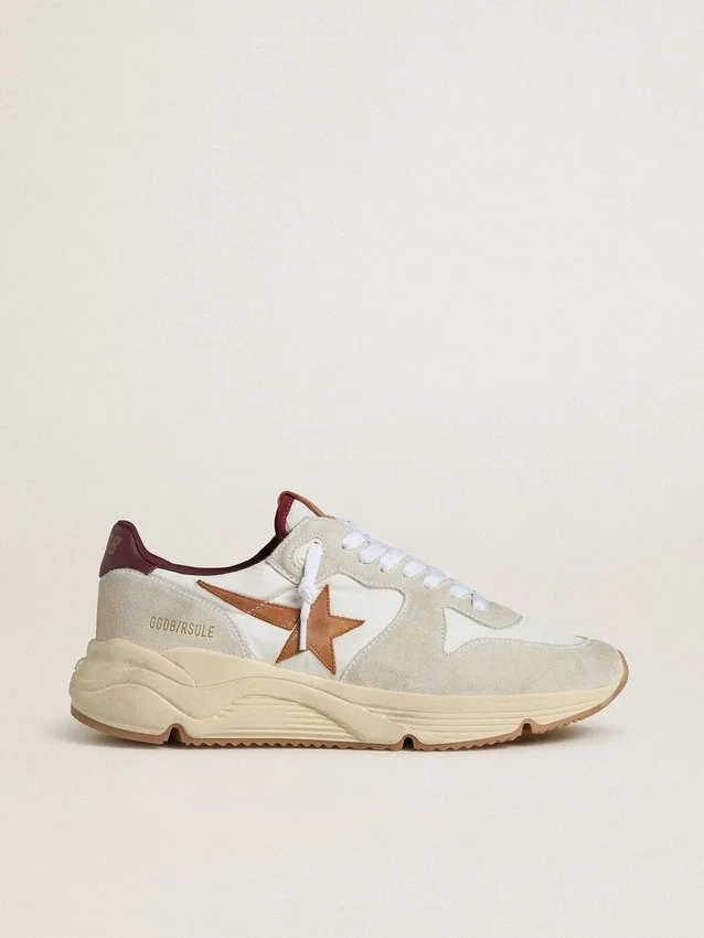 Herren-Sneaker mit Running Sole aus Nylon und Wildleder, mit braunem Lederstern und burgunderroter Lederlasche an der Ferse