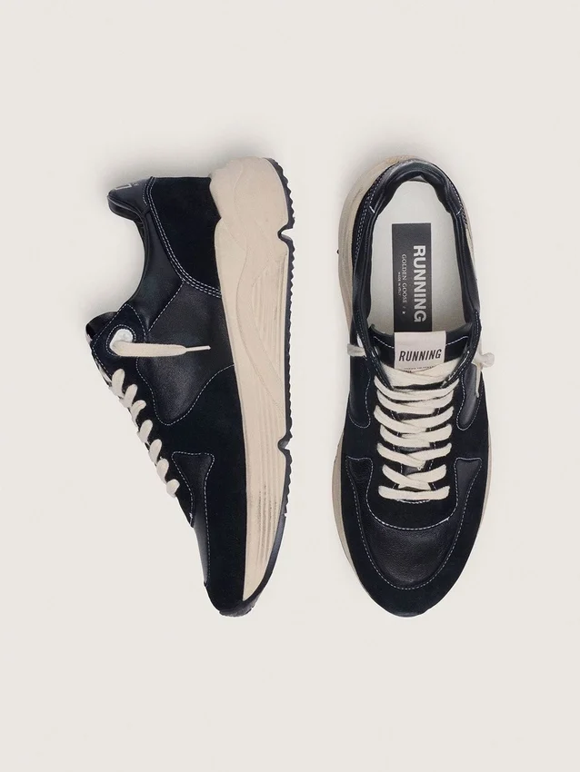 Herren-Sneaker mit Running Sole aus schwarzem Nappaleder und Wildleder mit weißem Stern