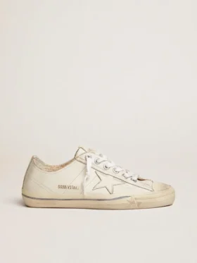 Herren-V-Star aus weißem Leder mit weißem Stern und hellblauem Streifen auf der Einfassung