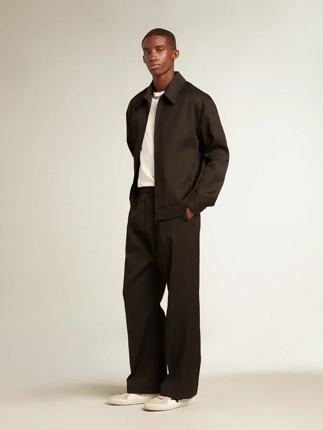Herrenjacke mit Reißverschluss aus schwarzem Wollgabardine