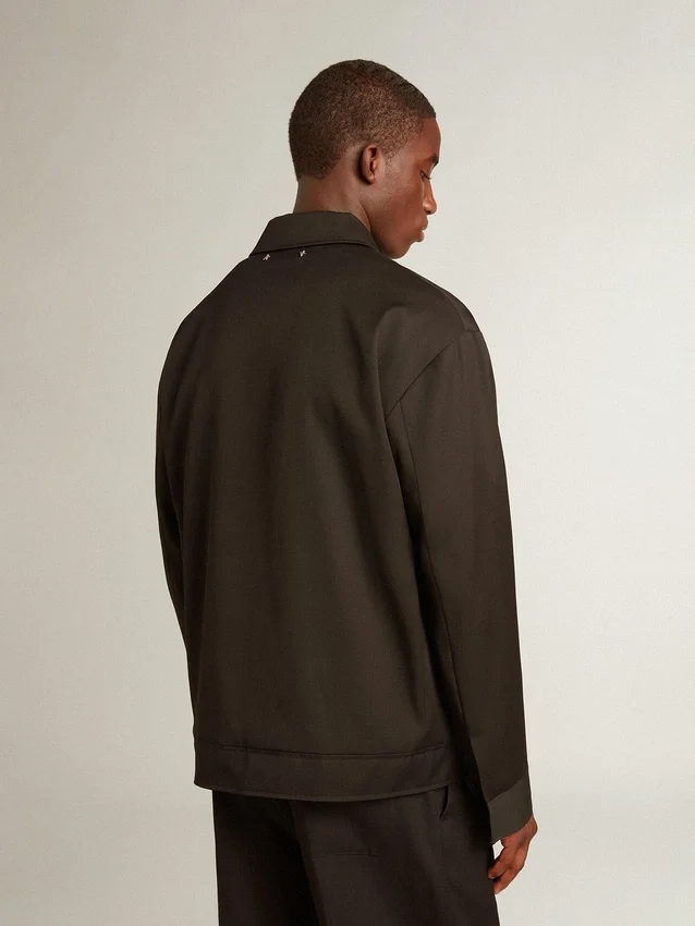 Herrenjacke mit Reißverschluss aus schwarzem Wollgabardine