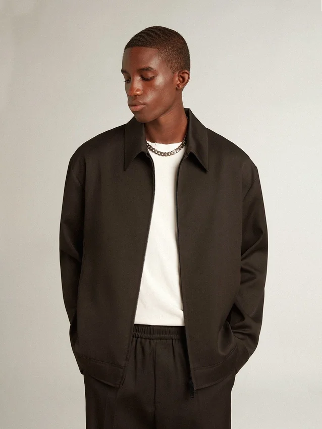 Herrenjacke mit Reißverschluss aus schwarzem Wollgabardine