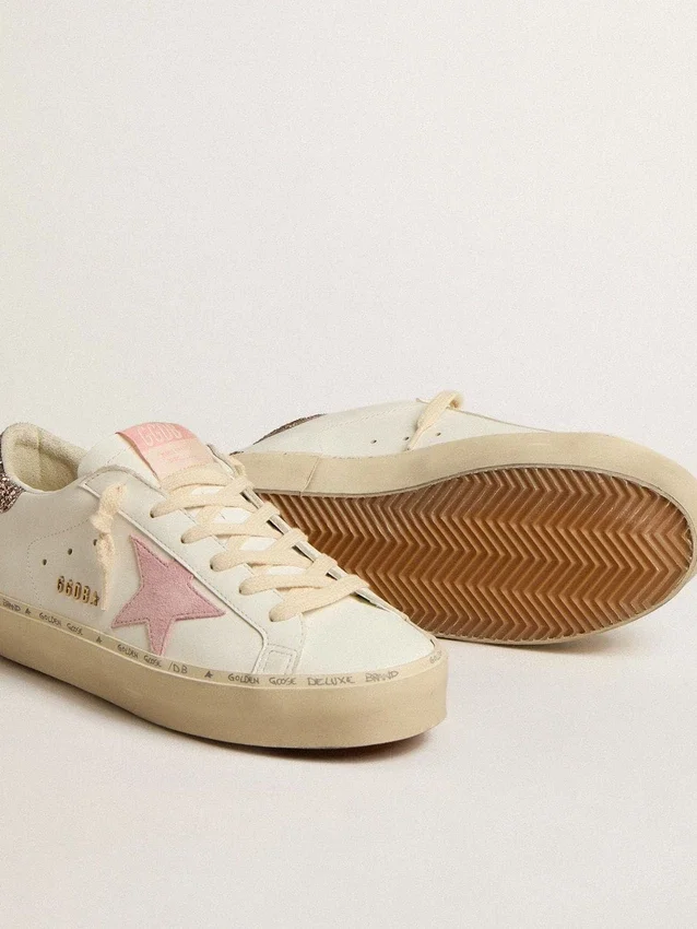 Hi Star aus weißem Leder mit rosa Wildlederstern und rosa Glitzer-Fersenlasche
