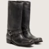 Hohe Herren-Bikerstiefel aus schwarzem Leder mit Riemen und silberfarbener Schnalle