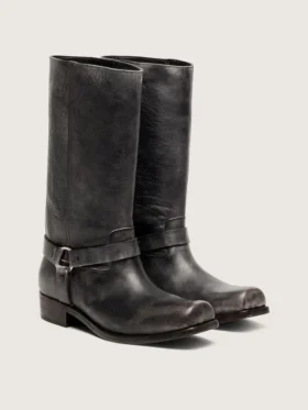 Hohe Herren-Bikerstiefel aus schwarzem Leder mit Riemen und silberfarbener Schnalle
