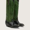 Hohe „Wish Star“-Damenstiefel aus schwarzem Leder mit grünem Lederschaft und weißer Stickerei