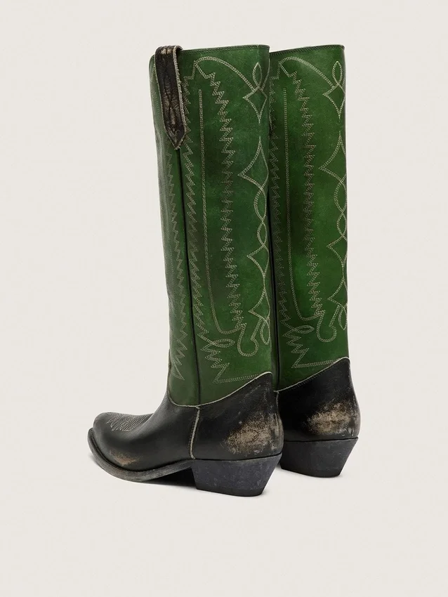 Hohe „Wish Star“-Damenstiefel aus schwarzem Leder mit grünem Lederschaft und weißer Stickerei