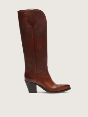 Hohe „Wish Star“-Stiefel für Damen aus braunem Leder mit Blumenstickerei