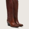 Hohe „Wish Star“-Stiefel für Damen aus braunem Leder mit Blumenstickerei