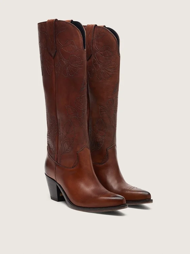 Hohe „Wish Star“-Stiefel für Damen aus braunem Leder mit Blumenstickerei
