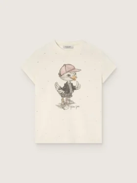 „Journey“-Hemd für Mädchen aus weißem Baumwolljersey mit digitalem Maskottchen-Print und Kristallapplikationen
