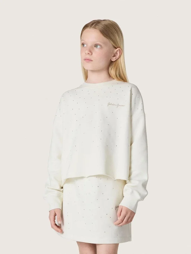 „Journey“-Mädchen-Sweatshirt aus weißer Baumwolle mit Kristallen und Logo