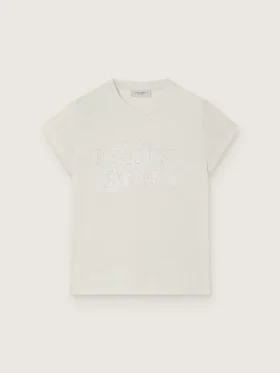 „Journey“-Mädchen-T-Shirt aus weißem Baumwolljersey mit silbernen Nieten