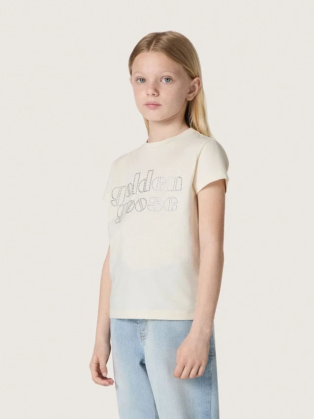 „Journey“-Mädchen-T-Shirt aus weißem Baumwolljersey mit silbernen Nieten