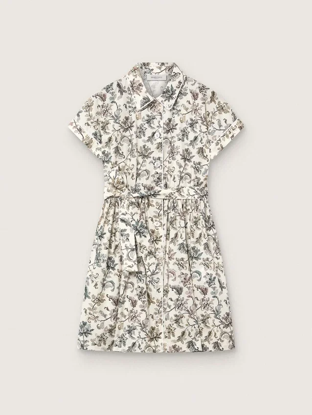 Journey-Mädchenkleid aus weißem Baumwoll-Canvas mit grünem Blumenprint