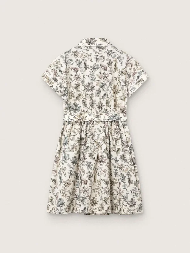 Journey-Mädchenkleid aus weißem Baumwoll-Canvas mit grünem Blumenprint