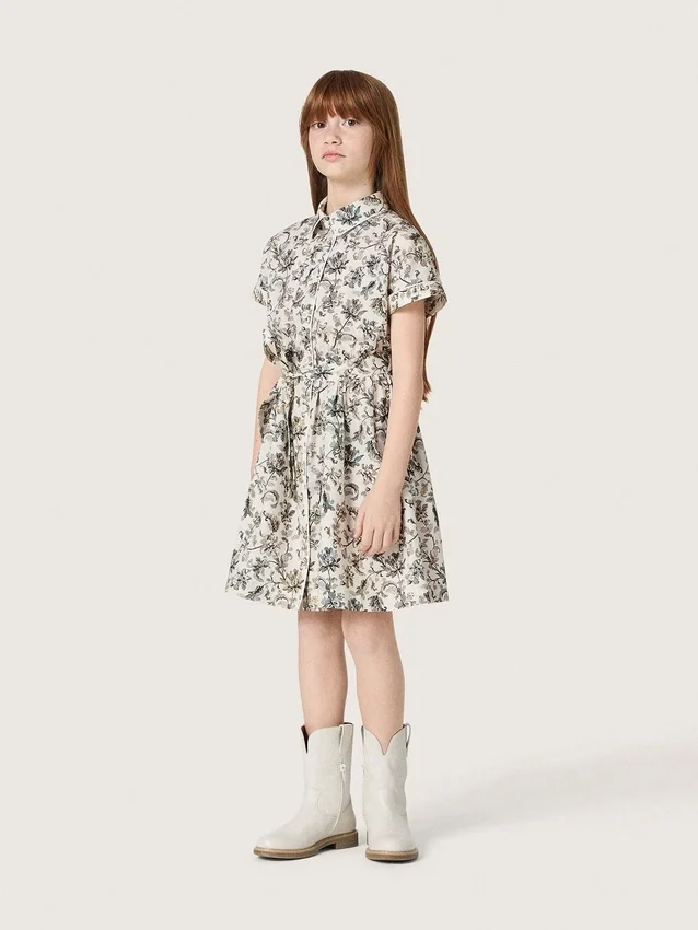 Journey-Mädchenkleid aus weißem Baumwoll-Canvas mit grünem Blumenprint