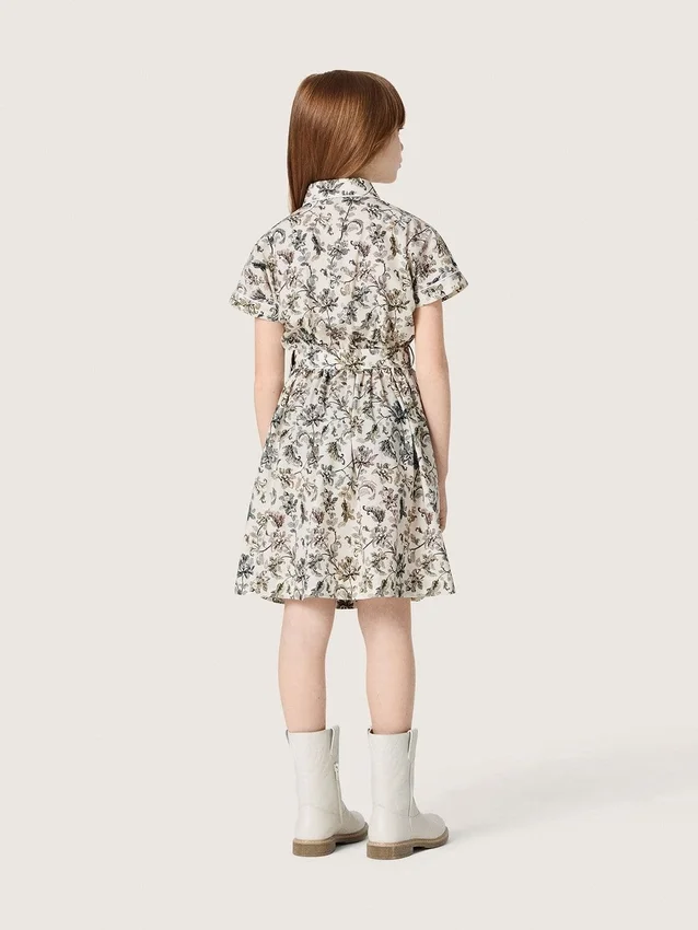 Journey-Mädchenkleid aus weißem Baumwoll-Canvas mit grünem Blumenprint