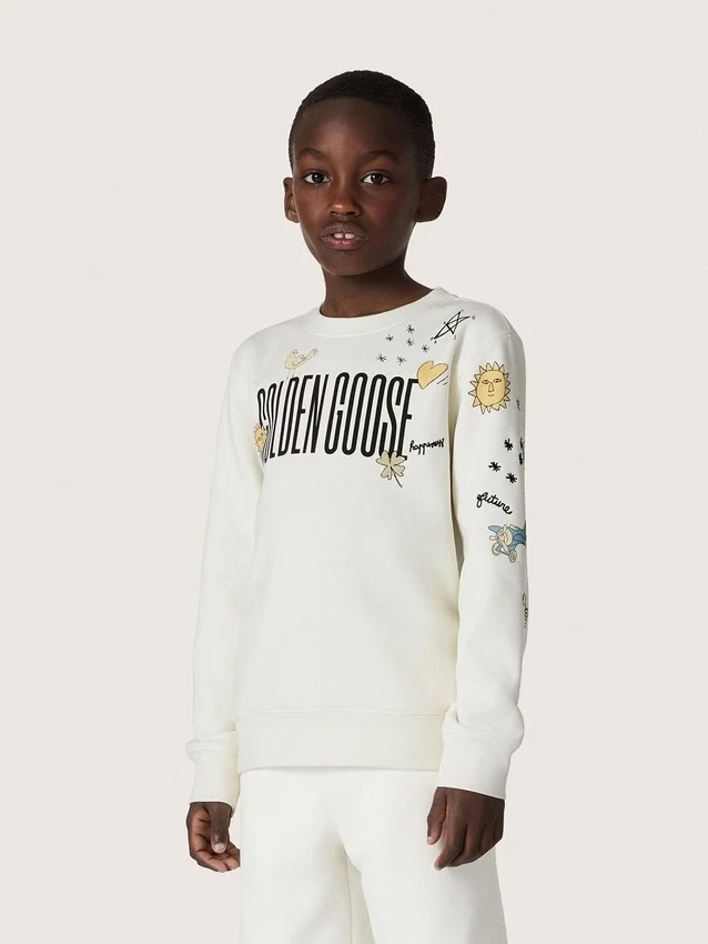Journey Unisex-Sweatshirt aus weißer Baumwollmischung mit Doodle-Print