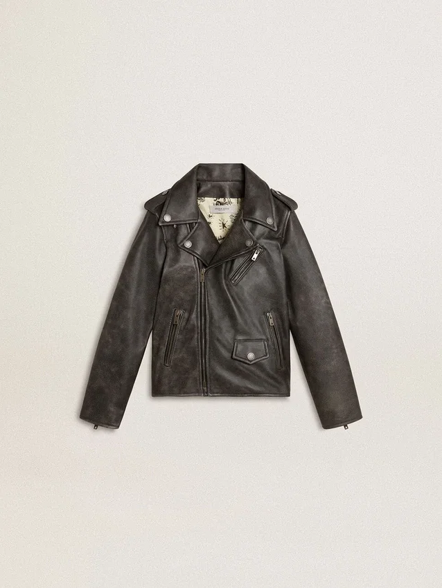 Jungen-Bikerjacke aus Leder im Used-Look