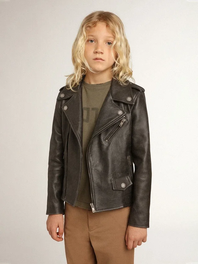 Jungen-Bikerjacke aus Leder im Used-Look