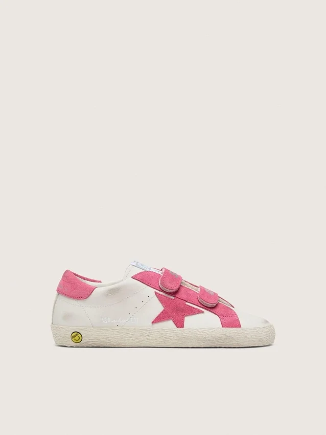 Junior Old School aus cremefarbenem Leder mit rosa Wildlederstern und Einsätzen