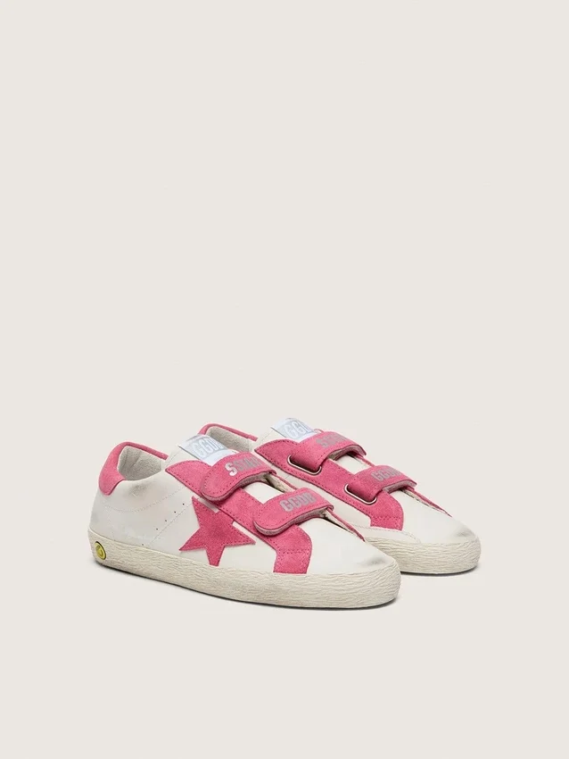 Junior Old School aus cremefarbenem Leder mit rosa Wildlederstern und Einsätzen