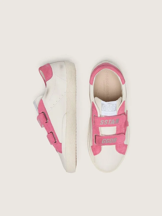 Junior Old School aus cremefarbenem Leder mit rosa Wildlederstern und Einsätzen