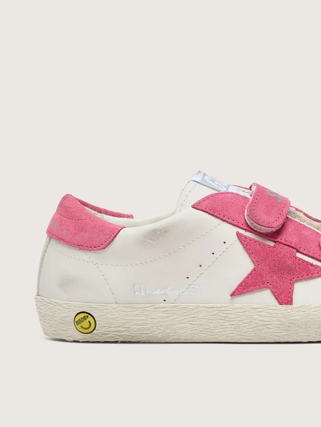 Junior Old School aus cremefarbenem Leder mit rosa Wildlederstern und Einsätzen