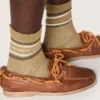 Khaki-farbene Socken mit Used-Look-Details und dunkelgrünen sowie weißen Streifen