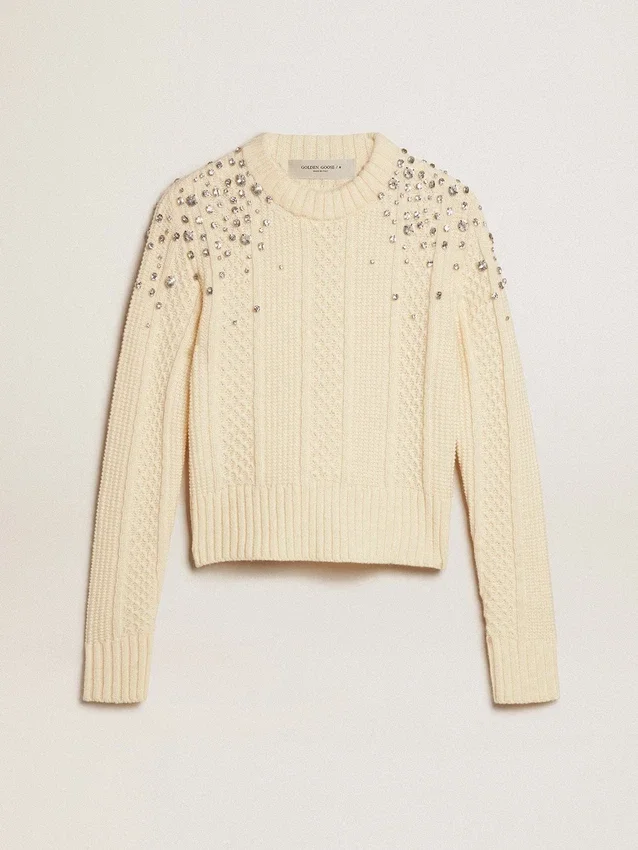 Kroppter, weiß gewaschener Damenpullover mit dekorativen Kristallen