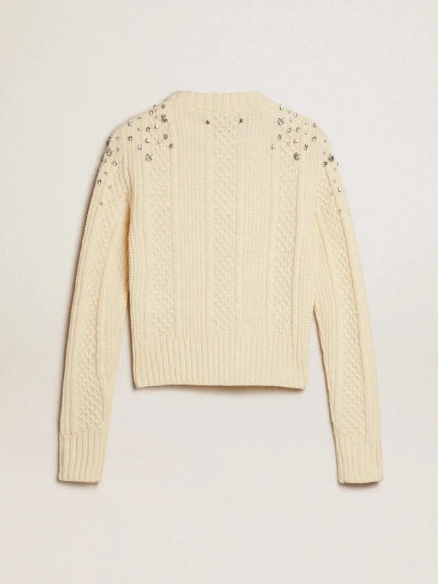 Kroppter, weiß gewaschener Damenpullover mit dekorativen Kristallen