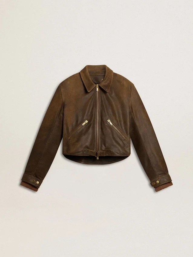 Kurze braune Leder-Bikerjacke für Damen mit Reißverschluss