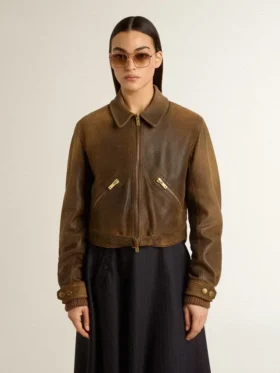 Kurze braune Leder-Bikerjacke für Damen mit Reißverschluss