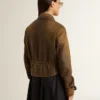Kurze braune Leder-Bikerjacke für Damen mit Reißverschluss
