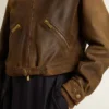 Kurze braune Leder-Bikerjacke für Damen mit Reißverschluss