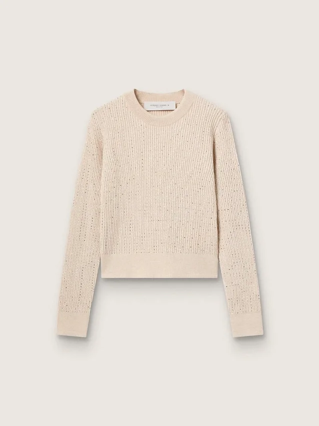 Kurzer Pullover mit Rundhalsausschnitt aus beiger Wolle mit durchgehender Kristallverzierung