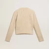 Kurzer Pullover mit Rundhalsausschnitt aus beiger Wolle mit durchgehender Kristallverzierung