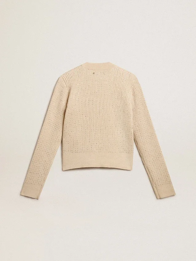 Kurzer Pullover mit Rundhalsausschnitt aus beiger Wolle mit durchgehender Kristallverzierung
