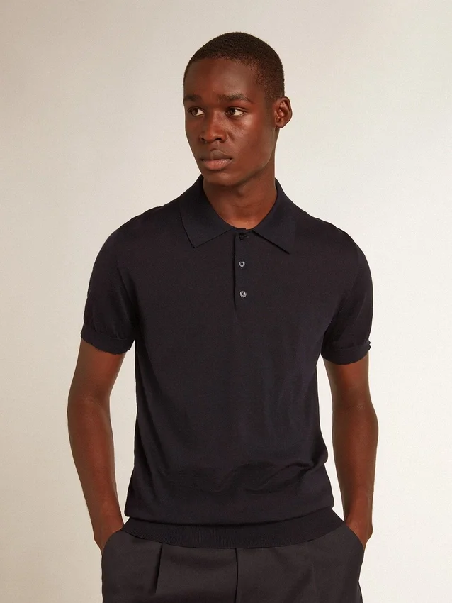 Kurzärmeliges Herren-Poloshirt aus marineblauer Merinowolle